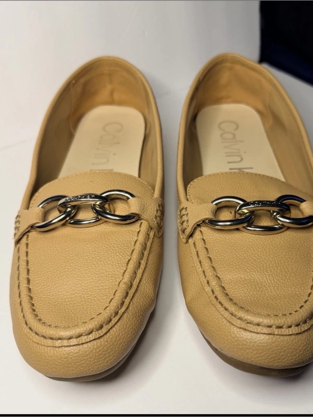 Calvin Klein Beige Leather Chain-Trim Loafers